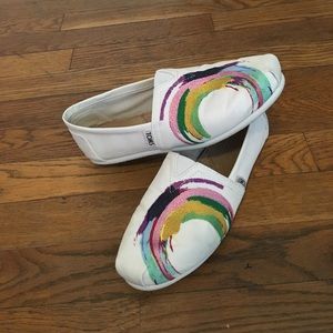 White Satin Toms with Rainbow Embroidery